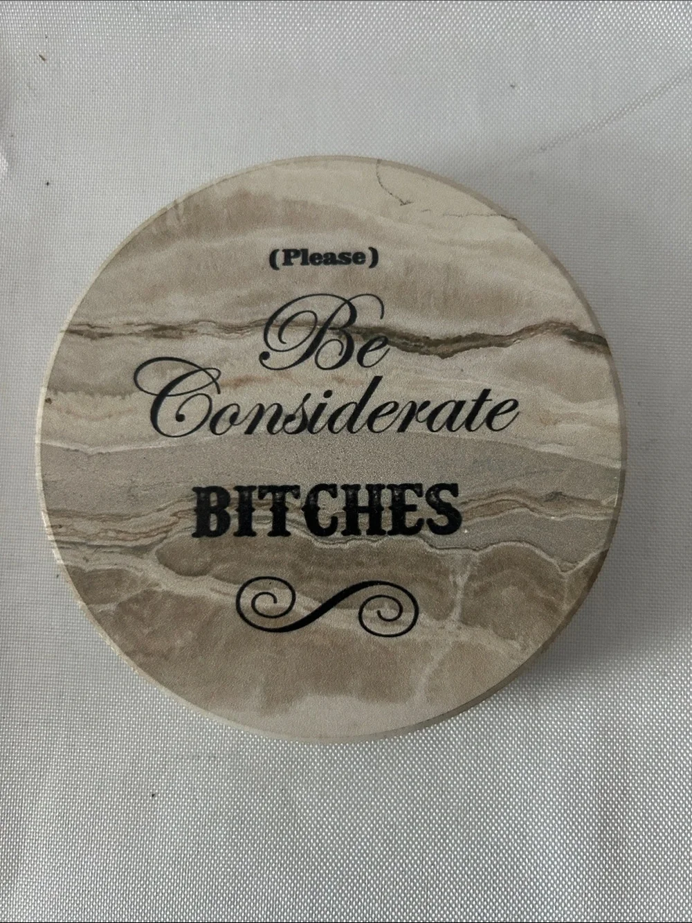 LIFVER Set of 7 Novelty Ceramic -Marble Look Sarcastic Coasters - Neutral Beige